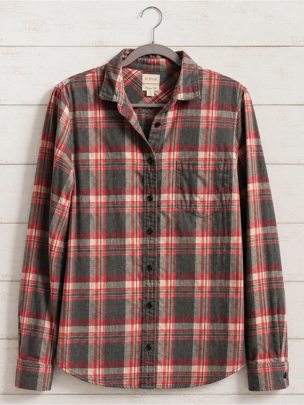 J. Crew Perdect Fit. Size L. pink and gray , Gray/Cream Plaid Button-Down